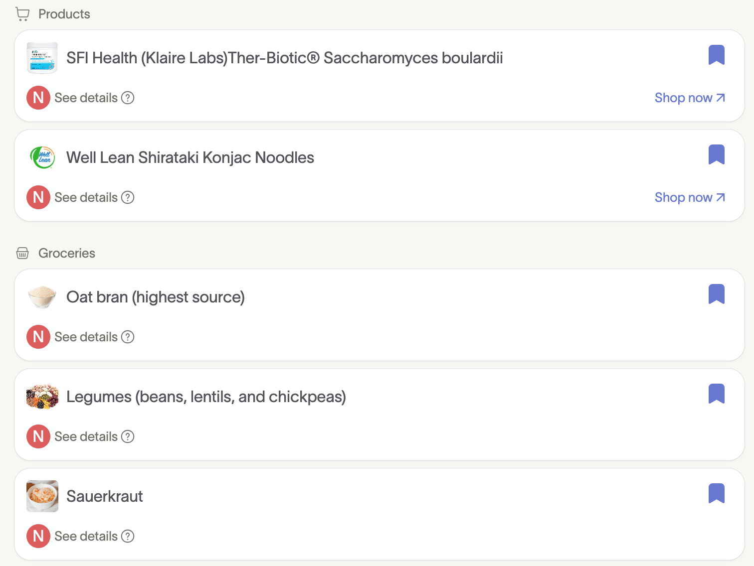 A product and grocery list with probiotics, noodles, oat bran, legumes, and sauerkraut, each with options to see details or shop online.